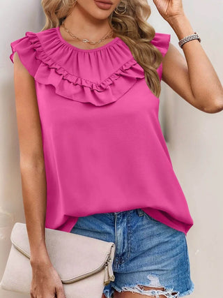 Ruffle Round Neck Blouse - Just Believe Boutique