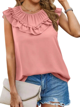 Ruffle Round Neck Blouse - Just Believe Boutique