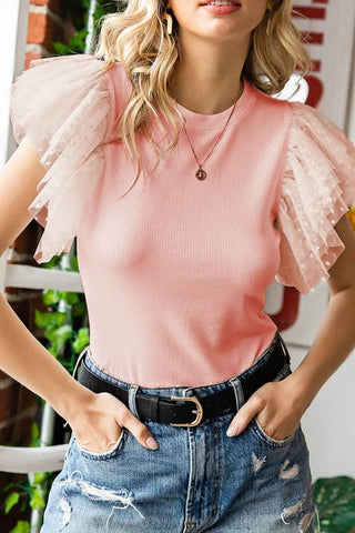 Ruffled Round Neck Cap Sleeve Blouse - Just Believe Boutique