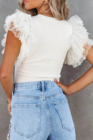 Ruffled Round Neck Cap Sleeve Blouse - Just Believe Boutique