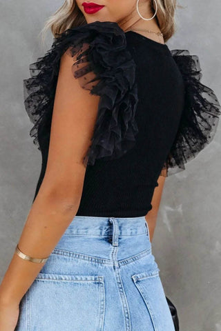Ruffled Round Neck Cap Sleeve Blouse - Just Believe Boutique