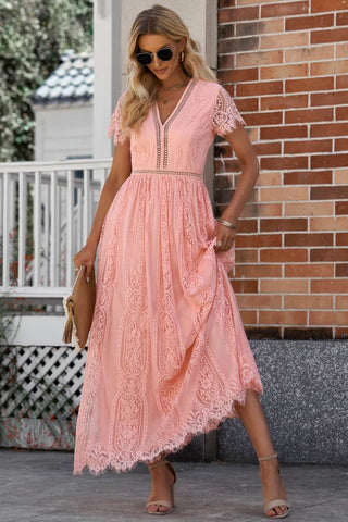 Scalloped Trim Lace Plunge Dress - Just Believe Boutique