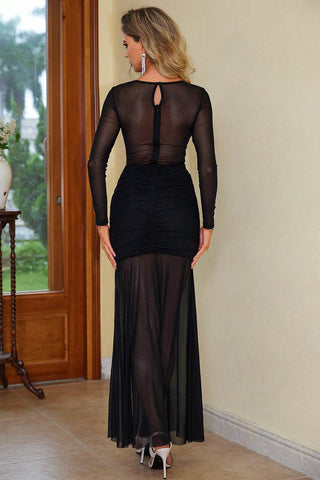 Semi-Sheer Slit Round Neck Dress - Just Believe Boutique