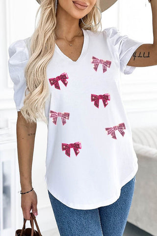 Sequin Bow Print V-Neck Puff Sleeve Blouse - Just Believe Boutique