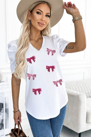Sequin Bow Print V-Neck Puff Sleeve Blouse - Just Believe Boutique