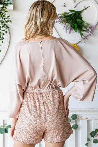 Sequin Drawstring Waist Dolman Sleeve Romper - Just Believe Boutique