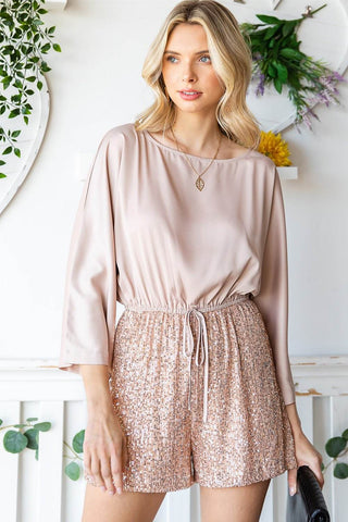Sequin Drawstring Waist Dolman Sleeve Romper - Just Believe Boutique