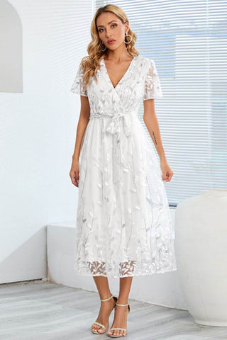 Sequin Leaf Embroidery Tie Front Short Sleeve Dress - Just Believe Boutique