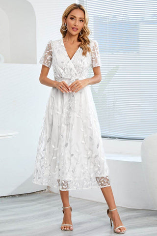Sequin Leaf Embroidery Tie Front Short Sleeve Dress - Just Believe Boutique