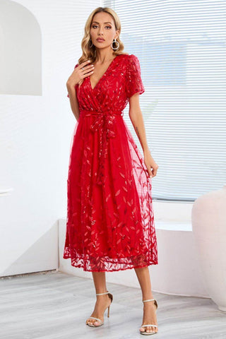 Sequin Leaf Embroidery Tie Front Short Sleeve Dress - Just Believe Boutique