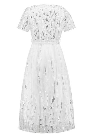 Sequin Leaf Embroidery Tie Front Short Sleeve Dress - Just Believe Boutique