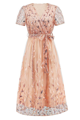 Sequin Leaf Embroidery Tie Front Short Sleeve Dress - Just Believe Boutique