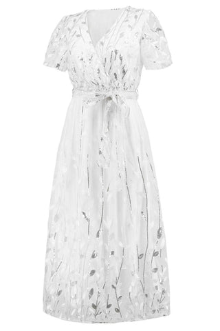 Sequin Leaf Embroidery Tie Front Short Sleeve Dress - Just Believe Boutique