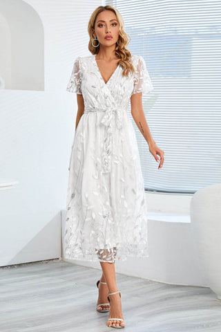 Sequin Leaf Embroidery Tie Front Short Sleeve Dress - Just Believe Boutique