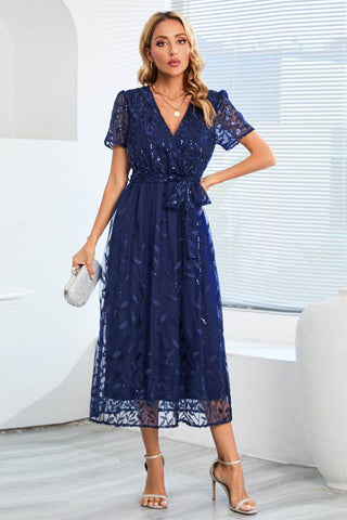 Sequin Leaf Embroidery Tie Front Short Sleeve Dress - Just Believe Boutique