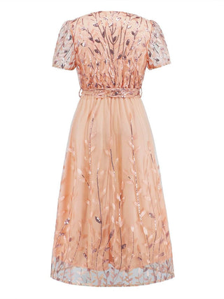 Sequin Leaf Embroidery Tie Front Short Sleeve Dress - Just Believe Boutique