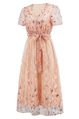 Sequin Leaf Embroidery Tie Front Short Sleeve Dress - Just Believe Boutique