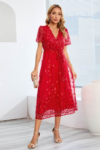 Sequin Leaf Embroidery Tie Front Short Sleeve Dress - Just Believe Boutique