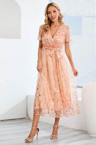 Sequin Leaf Embroidery Tie Front Short Sleeve Dress - Just Believe Boutique