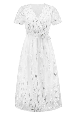 Sequin Leaf Embroidery Tie Front Short Sleeve Dress - Just Believe Boutique