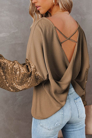Sequin Waffle-Knit Blouse - Just Believe Boutique