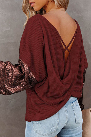 Sequin Waffle-Knit Blouse - Just Believe Boutique