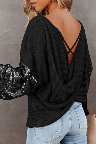Sequin Waffle-Knit Blouse - Just Believe Boutique