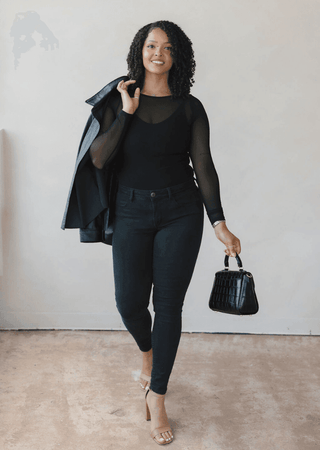 Black sheer long sleeve top with scoop neckline and fitted torso