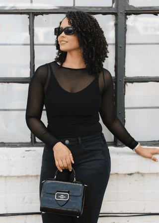 Black sheer long sleeve top with scoop neckline, front view