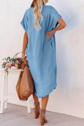 Slit Button Up Short Sleeve Imitation Denim Dress - Just Believe Boutique