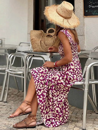 Smocked Printed Square Neck Sleeveless Dress - Just Believe Boutique