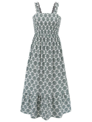 Smocked Printed Square Neck Sleeveless Dress - Just Believe Boutique