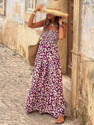 Smocked Printed Square Neck Sleeveless Dress - Just Believe Boutique