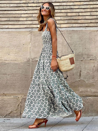 Smocked Printed Square Neck Sleeveless Dress - Just Believe Boutique