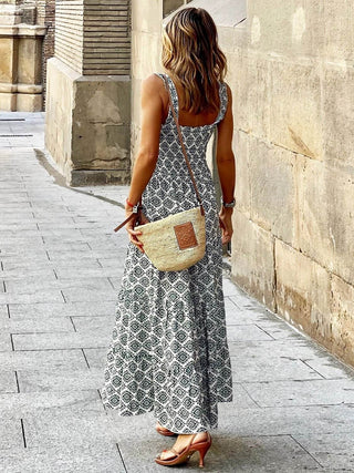 Smocked Printed Square Neck Sleeveless Dress - Just Believe Boutique