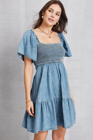 Smocked Square Neck Mini Denim Dress - Just Believe Boutique