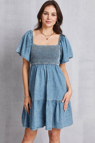 Smocked Square Neck Mini Denim Dress - Just Believe Boutique