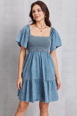 Smocked Square Neck Mini Denim Dress - Just Believe Boutique