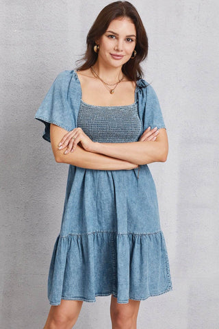 Smocked Square Neck Mini Denim Dress - Just Believe Boutique
