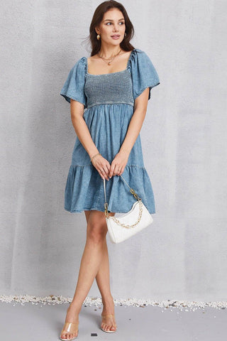 Smocked Square Neck Mini Denim Dress - Just Believe Boutique