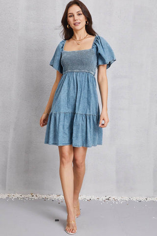 Smocked Square Neck Mini Denim Dress - Just Believe Boutique