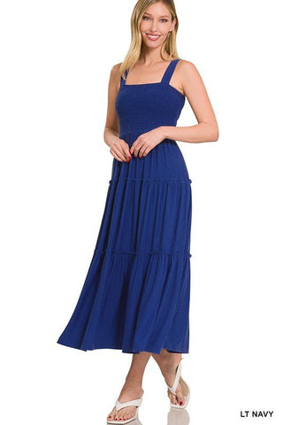SMOCKED TIERED MIDI DRESS - Just Believe Boutique