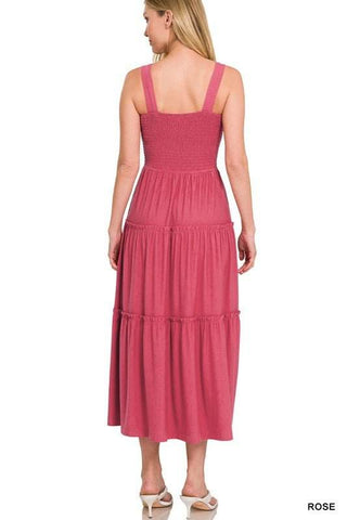 SMOCKED TIERED MIDI DRESS - Just Believe Boutique