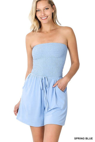 Smocked Tube Romper with Pockets - Just Believe Boutique