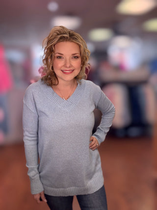 Solid Color Sweater V - Neck: Blue - Just Believe Boutique