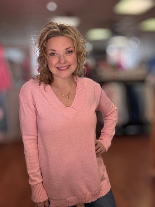 Solid Color Sweater V - Neck: Pink - Just Believe Boutique