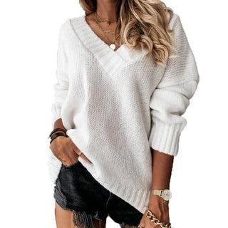Solid Color Sweater V - Neck: White - Just Believe Boutique