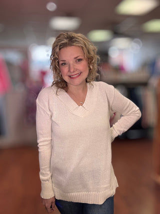 Solid Color Sweater V - Neck: White - Just Believe Boutique