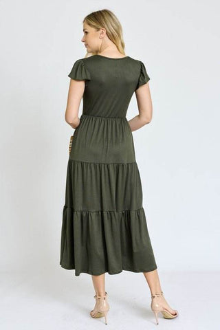 Solid Flutter Sleeve Tiered Tea Length Dress - Just Believe Boutique