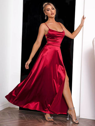 Spaghetti Strap Lace-Up Back Split Dress - Just Believe Boutique